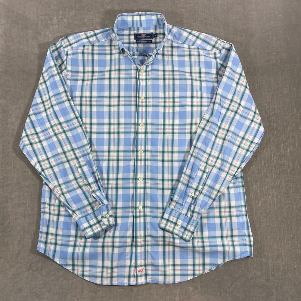Vineyard‎ Vines Men Large Light Blue Plaid Long Sleeve Classic Fit Murray Shirt